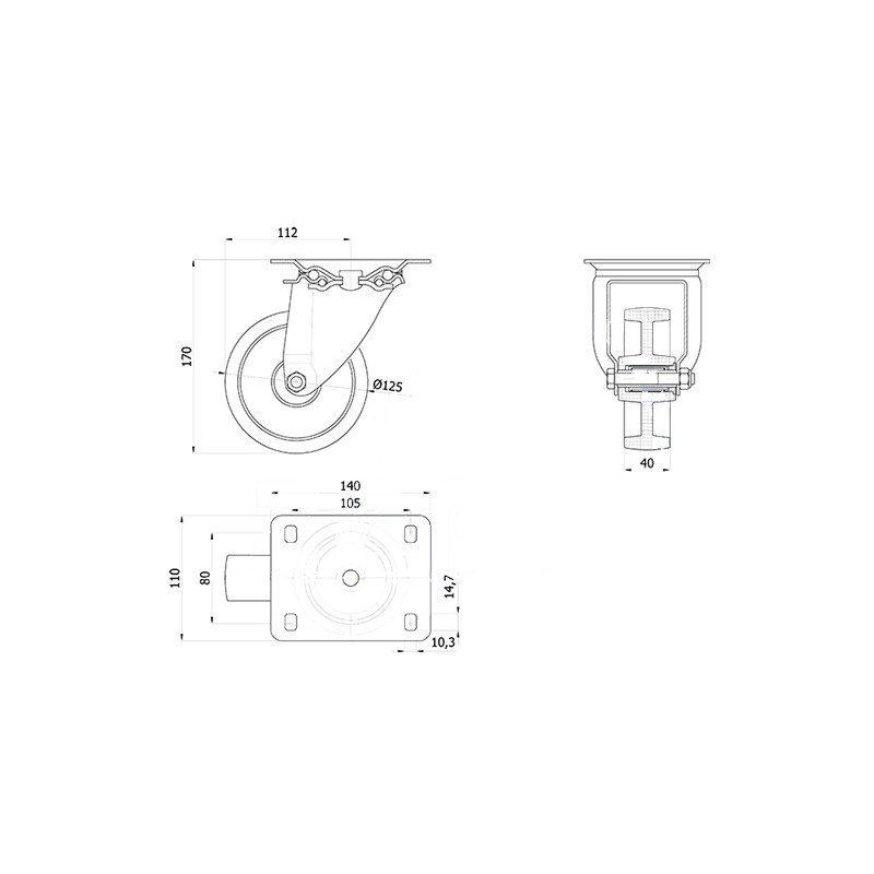 Polyamidräder Ø 125 mm in kippbaren Gehäusen