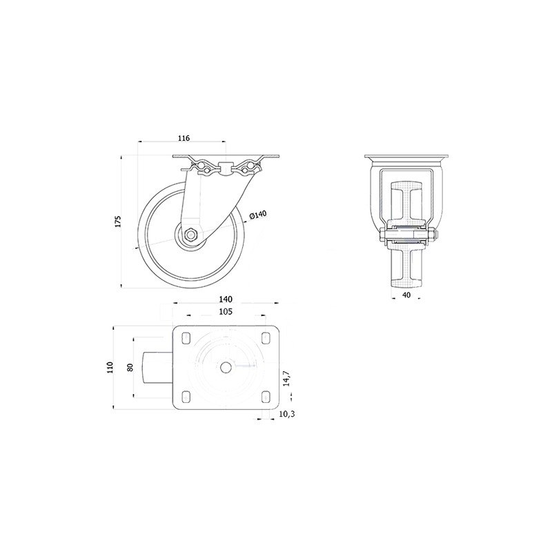 Polyamidräder Ø 140 mm in kippbaren Gehäusen