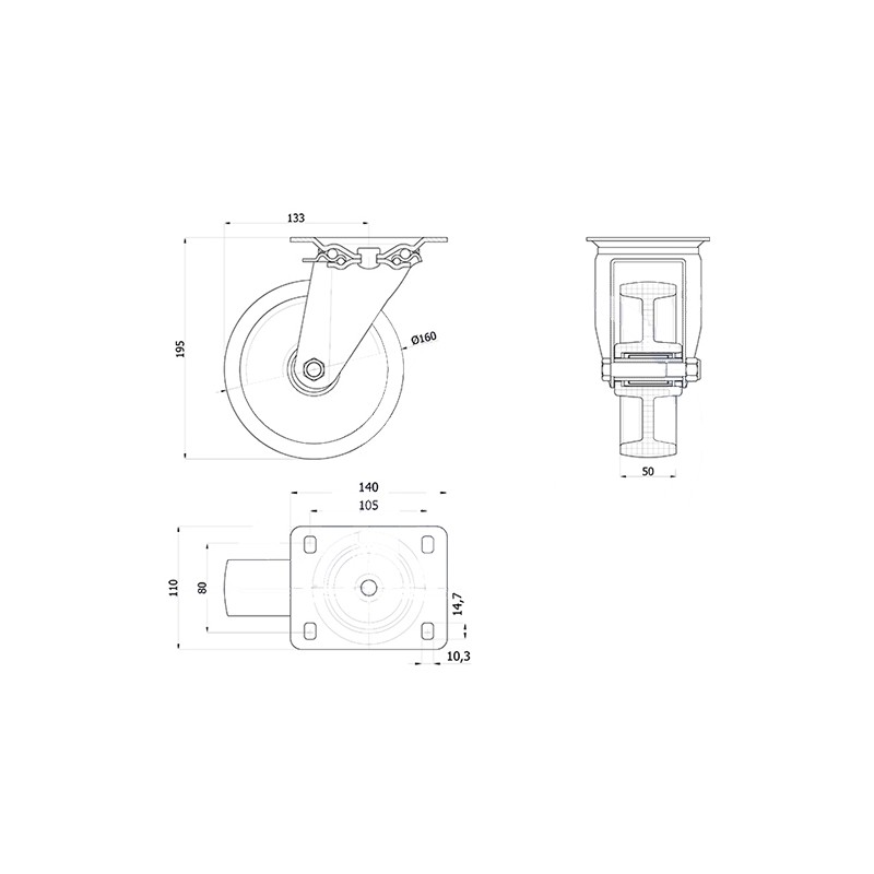 Polyamidräder Ø 160 mm in kippbaren Gehäusen