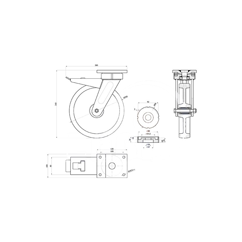 Polyamidräder Ø 250 mm in kippbaren Gehäusen mit Bremse