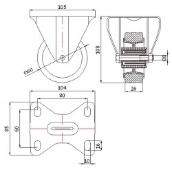 Kunststoffgummirad Ø 80 mm in nicht-kippbaren Gehäusen