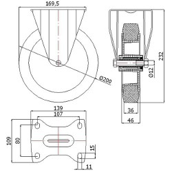 Kunststoffgummirad Ø 200 mm in nicht-kippbaren Gehäusen