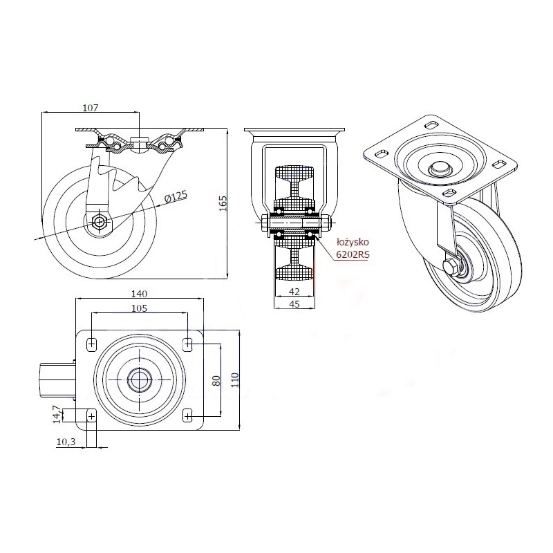Polyamidräder Ø 125 mm in kippbaren Gehäusen