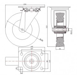 Kunststoffgummirad  Ø 180 mm in kippbaren Gehäusen