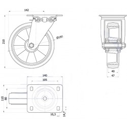 Aluminium-Gummiräder  Ø 180 mm in kippbaren Gehäusen