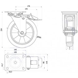 Aluminium-Gummiräder Ø 200 mm in kippbaren Gehäusen mit Bremse