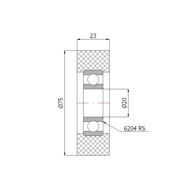 Polyurethanrolle Ø 75mm mit Kugellager / RP-75-23/20