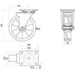 Polyamid-Polyurethanräder Ø 200 mm in kippbaren Gehäusen