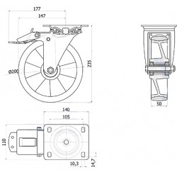 Polyamid-Polyurethanräder Ø 200 mm in kippbaren Gehäusen mit Bremse