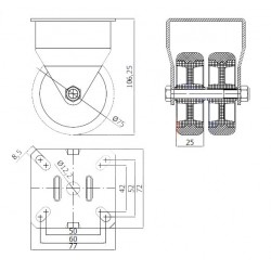 Möbelrad im Gehäusetyp Tandem Ø 75 mm nicht-kippbaren Gehäusen/M73T2
