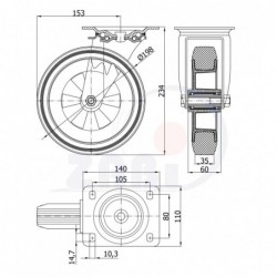 Kunststoff-Gummi-Rad fi. 200 mm in Lenkrolle 2+2St. / 65TH_2+62T_2