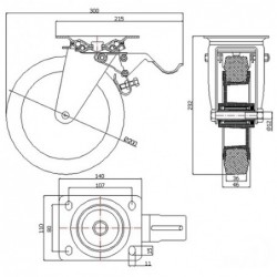 Kunststoff-Gummi-Rad fi. 200 mm in Lenkrolle 2+2St. / 65TH_2+62T_2