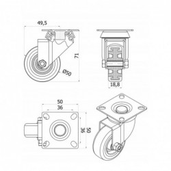 Möbelrad 50 mm, Lenkrolle mit Platte, Tragfähigkeit 40kg, Kugellager / M52TPUL