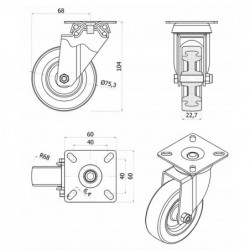 Möbelrad 75 mm, Lenkrolle mit Platte, Tragfähigkeit 70kg, Kugellager / M72TPUL
