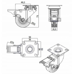 Möbelrad 50 mm, Lenkrolle mit Platte und Bremse, Tragfähigkeit 40kg / M52TPUH