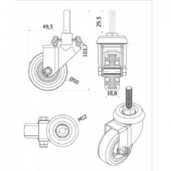 Möbelrad 50 mm, Lenkrolle mit Zapfen M12, Tragfähigkeit 40kg / M54TPU*M12