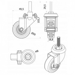 Möbelrad 50 mm, Lenkrolle mit Zapfen M8, Tragfähigkeit 40kg, Kugellager / M54TPUŁ*M8
