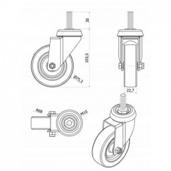 Möbelrad 75 mm, Lenkrolle mit Zapfen M10, Tragfähigkeit 70kg / M74TPU*M10
