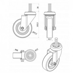 Möbelrad 75 mm, Lenkrolle mit Zapfen M12, Tragfähigkeit 70kg / M74TPU*M12
