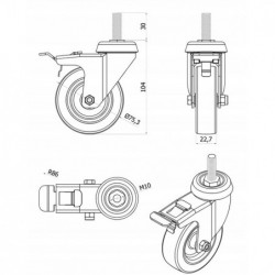 Möbelrad 75 mm, Lenkrolle mit Zapfen M12 mit Bremse, Tragfähigkeit 70kg /M74TPUH*M12