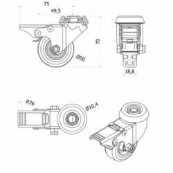 Möbelrad 50 mm, Lenkrolle mit Rückenloch mit Bremse, Tragfähigkeit 40kg / M57TPUH