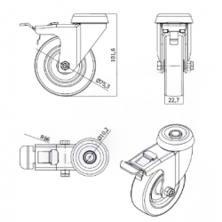 Möbelrad 75 mm, Lenkrolle mit Rückenloch mit Bremse, Tragfähigkeit 70kg / M77TPUH